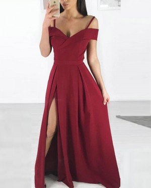Cold Shoulder Burgundy Pleated Long Formal Dress with Side Slit pd1599