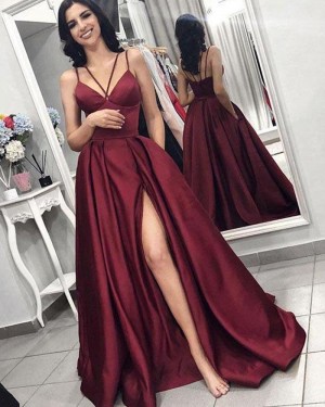 Double Spaghetti Straps Pleated Burgundy Satin Prom Dress with Side Slit pd1602
