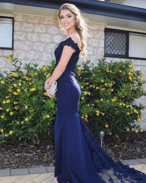Lace Bodice Blue Satin Off the Shoulder Mermaid Prom Dress pd1603