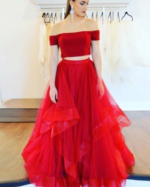 Red Two Piece Tulle Ruffled Off the Shoulder Prom Dress pd1604