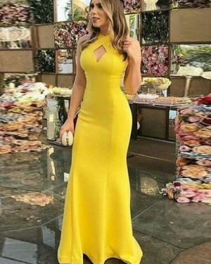 Halter Yellow Satin Mermaid Simple Crisscross Prom Dress pd1605