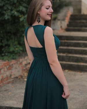 Satin A-line V-neck Dark Green Prom Dress with Beading Belt pd1606