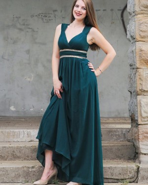 Satin A-line V-neck Dark Green Prom Dress with Beading Belt pd1606