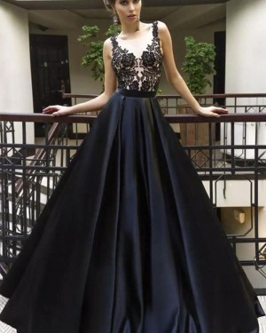 V-neck Black Satin Lace Bodice Pleated Prom Dress pd1609
