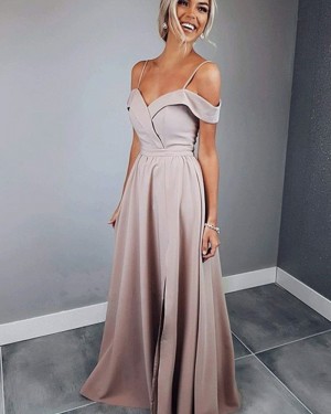 Satin Nude A-line Spaghetti Straps Prom Dress with Side Slit pd1610