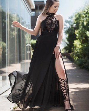 Black Lace Bodice Tulle High Neck Prom Dress pd1611