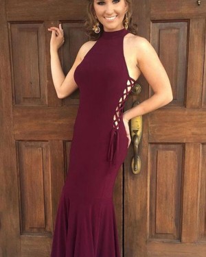 Simple Burgundy Satin High Neck Mermaid Style Prom Dress pd1613