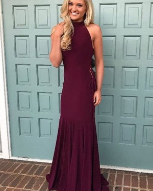 Simple Burgundy Satin High Neck Mermaid Style Prom Dress pd1613