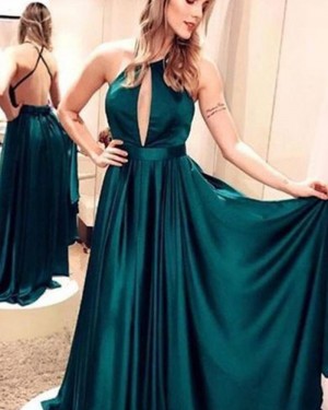 Simple Green Pleated Spaghetti Straps Satin Prom Dress pd1614