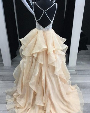 V-neck Beading Bodice Prom Dress with Ruffled Champagne Skirt pd1616