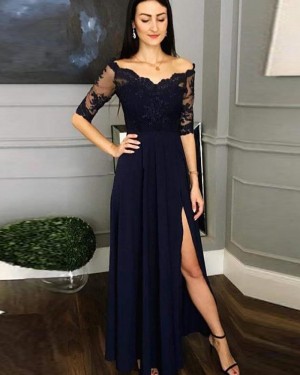 Navy Blue Lace Bodice Prom Dress with Half Length Sleeves pd1618