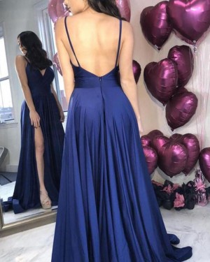 Simple Blue Satin Pleated Prom Dress with Side Slit pd1620