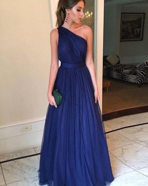Simple One Shoulder Blue Tulle Prom Dress for Wedding pd1621